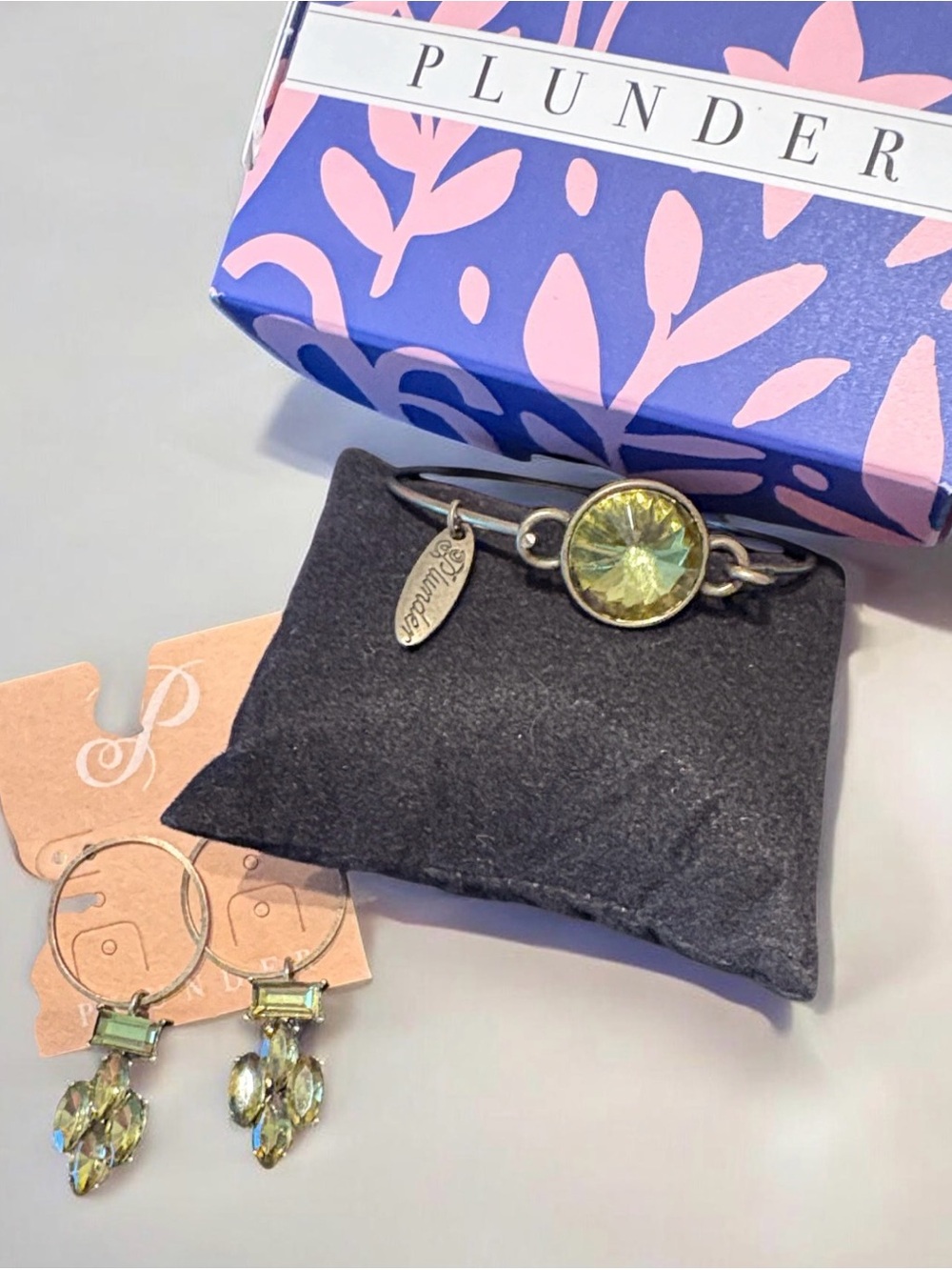 Plunder Antique Bronze Bracelet and Earring Set with Green Crystals